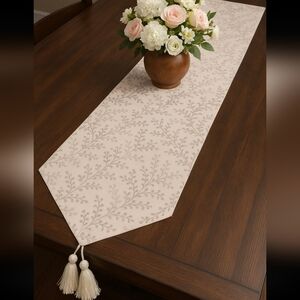 Elegant Neutral Table Runner with Tassels Botanical Pattern Home Decor